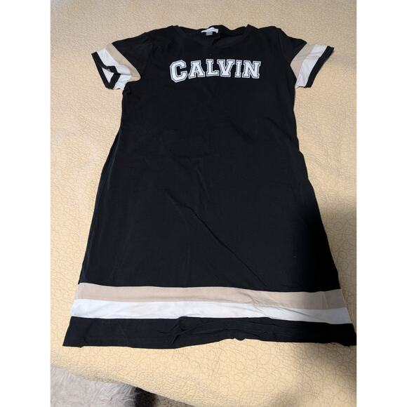 Calvin Klein Black Tan White Stripe Logo V Neck T-Shirt Tee Dress Womens XL - Picture 2 of 5